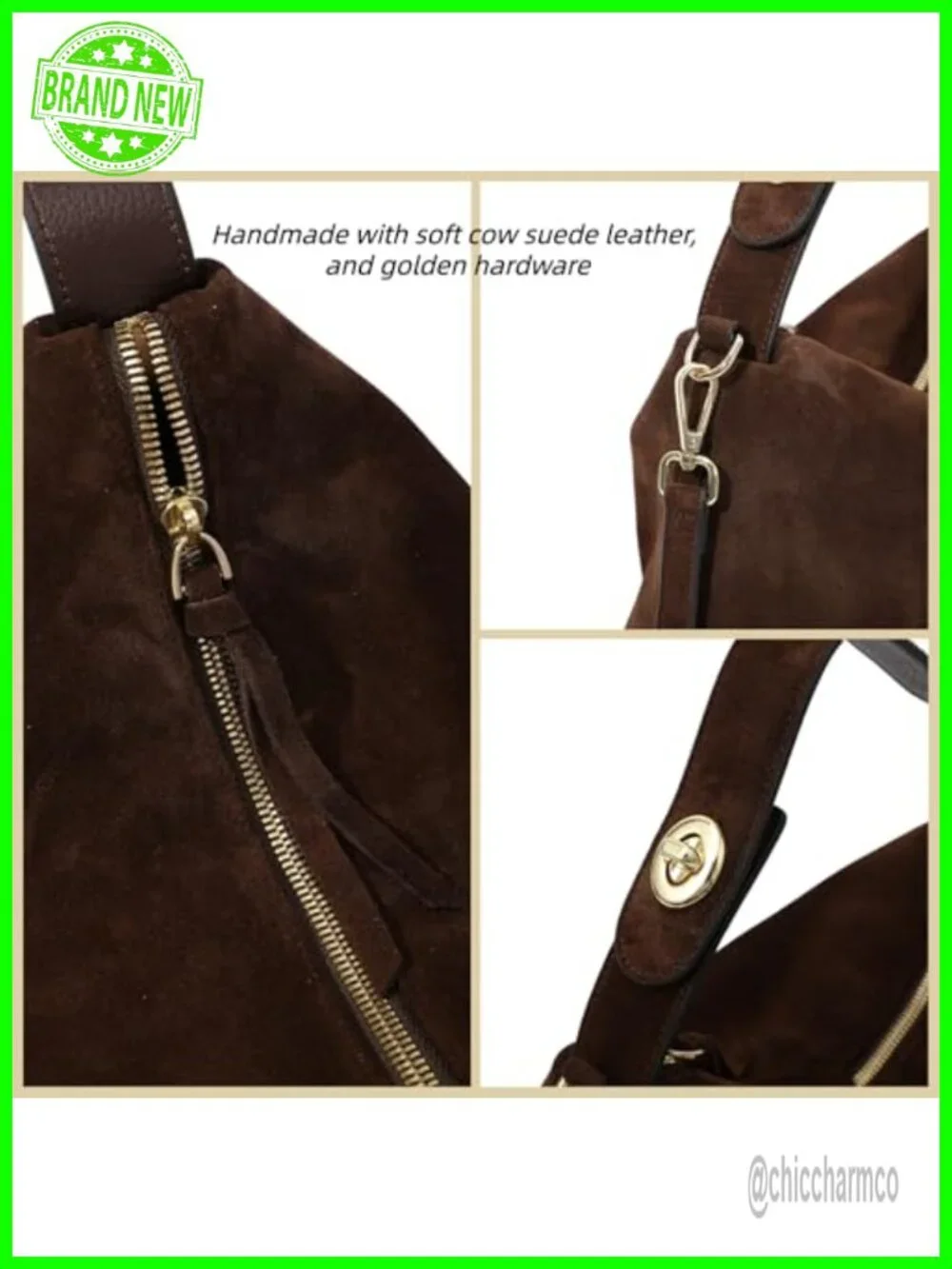 Genuine Suede Leather Hobo Tote Crossbody Bag with Adjustable Strap